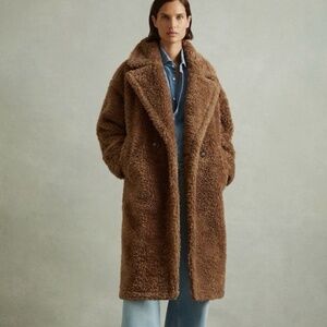 NWT $705 Reiss Darla Double Breasted Faux Fur Coat, BROWN, Size Large!